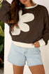 Raw Edge Flower Patch Drop Shoulder Contrast Rib Crewneck Long Sleeve Top